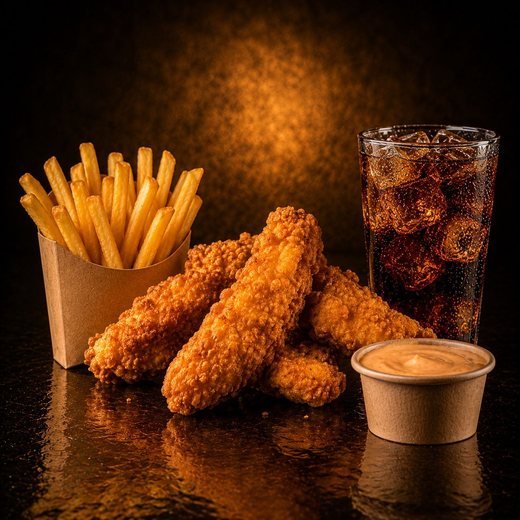 Chicken Fingers Menú con patatas, Ruggier Sauce y bebida